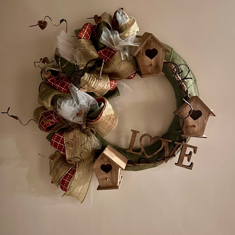 Hand Crafted Holiday Wreath with Gold, Red, and Green Accents